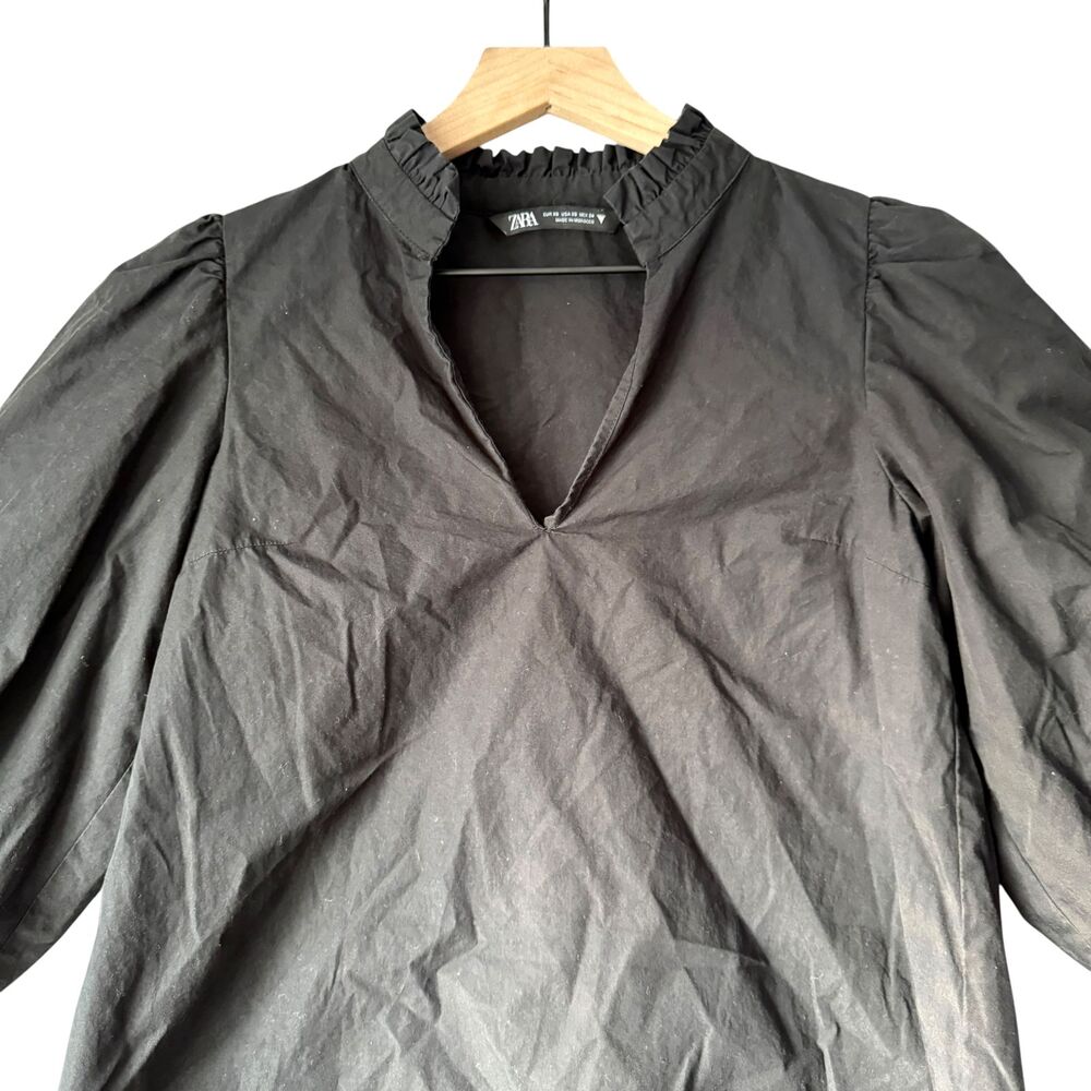 Zara 100% Cotton Balloon Sleeve Ruffle Neck Blouse XS Black V-Neck Puff Sleeve - Picture 3 of 8